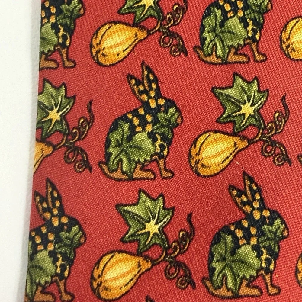 Salvatore Ferragamo Tie Rabbits & Pumpkins Autumn Leaves Red Silk 3 5/8